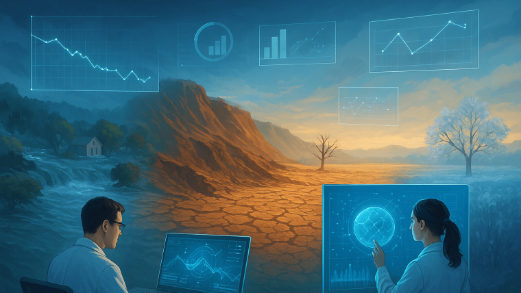 A landscape showing floods, landslides and droughts, visualized with dynamic data overlays and graphs.